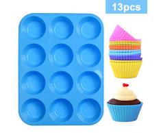 LLNRC Mini Muffinform Silikon,12er Muffin Backform,Backförmchen Antihafteigenschaft Muffinblech mit 12 Stück Wiederverwendbare Muffinförmchen Fuer Cupcakes,Pudding,Kuchen,Blau Muffins Backblech