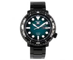 Seiko 5 Sports Armbanduhr, 100 m, Automatik, Flaschenverschluss, Stahl, Schwarz, Zifferblatt Türkis, SRPC65K1
