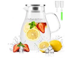 BONNACC Glas Karaffe Krug (2L/68oz), Wasserkaraffe Getränkekanne mit 304 Edelstahldeckel, Auslauf, Filter und Bürste für kaltes heißes Wasser Getränke Eistee hausgemachte Getränke Milch Kaffee Wein
