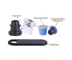 Bluecup Kennenlern-Paket - 2x Wiederbefüllbare Nespresso Kaffeekapseln / wiederverwendbare Kaffeekapseln, 100 x Aluminiumdeckel, 1 x Cupcreator, 1 x Löffelhalter & Gemahlener Kaffee - Umweltfreundliche Mehrwegkaffeekapseln zum Selbstbefüllen.