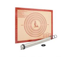 Nudelholz Edelstahl Teigroller mit Dicke-Verstellbares Ringe, Antihaft Teigrolle Rolling Pin, Backunterlage Silikon Backmatte 50x40cm Ausrollmatte Teigmatte Silikonmatte Teigunterlage für Fondant