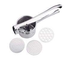 Surplex Kartoffelpresse aus Edelstahl, Spätzlepresse Kartoffelstampfer Set für Kartoffelpüree, Obstsäfte, Gemüsebrei, mit 3 Lochscheiben (Fein/Mittel/Grob), Spülmaschinenfest, Länge: 27cm