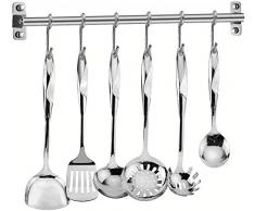 Elegant Life Utensilienset Küche Edelstahl Kochset 7 teilig Küchenhelfer Set - 6 Kochutensilien mit 6 Haken Rack Kochgeschirrset mit Spatel, Hitzebeständige Küchenutensilien Werkzeuge