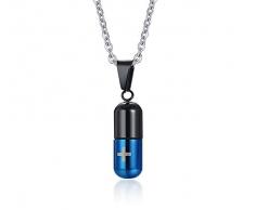 PJ JEWELLERY Edelstahl Zweifarbige Pillendose Fläschchen Medizin Kapselhalter Behälter mit Kreuz Gravierte Anhänger Halskette mit Kette