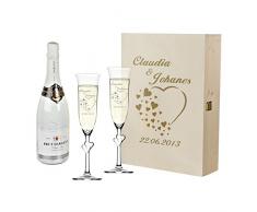 polar-effekt 2 weiße Sektgläser mit Sekt-Flasche in Geschenkbox - Personalisiert mit Gravur - Hochzeit Geschenkidee Sektglas-Set - Motiv Herzen