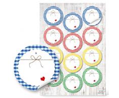 48 Stück runde 6 cm Aufkleber Blanko Etiketten blau gelb weiß grün kariert für Marmeladengläser Einmachetiketten Dosen Flaschen Gläser Beschriftung mit Herz für selbstgemachte Marmeladen Gewürze
