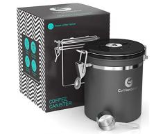 Coffee Gator-Edelstahl-Kaffeedose – Hält gemahlener Kaffee und Bohnen länger frisch – Behälter mit Datumsverfolgung, CO2-Freigabeventil und Messlöffel - Mittel - Grau