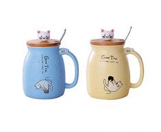 Lifemaison Cat Keramik Becher hitzebeständige Tasse mit Löffel Deckel Drinkware Kinder Geschenk mit Cartoon Katze Deckel Milch Kaffee Keramik Kinder Becher Büro Paar Tasse 420 Ml (Blau+Gelb)