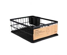 JOHSEATY Geschirr Abtropfgestell Matt Schwarz Metall (42x31,5x15,5cm) Geschirrkorb für Spüle mit Besteck Halterung und Abtropfschale aus Plastik für die Ablage Abtropfgitter für Teller Gläser