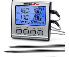 ThermoPro TP17 Digitales Grill-Thermometer Bratenthermometer Fleischthermometer Ofenthermometer mit Timer, Zwei Edelstahlsonden, Blaue Hinterbeleuchtung, Temperaturbereich bis 300°C