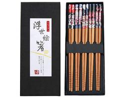AMACOAM Essstäbchen Japanisch Sushi Stäbchen NatüRliche Chopsticks Wiederverwendbare aus Bambus Chinesische Geschirr Set mit Schwarz Geschenkbox Cat EssstäBchen Waschbar für GeschirrspüLer 5 Paar