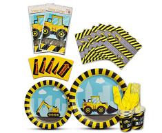 WERNNSAI Konstruktion Party Geschirr Set - 146 Stück Party Favors für Jungs Geburtstag Deko Besteckbeutel Tischtuch Servietten Teller Tassen Utensilien Banner Ballons 16 Gäste