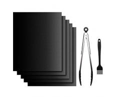 5er BBQ Grillmatte, Grillbürste + Grillzange, PFOA-Frei Grillmatten für Gasgrill, Wiederverwendbar Antihaft Grill-und Backmatte, Perfekt für Holzkohle, Gasgrill & Backofen Wiederverwendbar (40*33cm)
