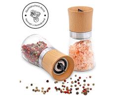 Hannahs Homebrand® Salz- und Pfeffermühle mit Keramik-Mahlwerk (härter als Stahl) - Gewürzmühle aus Edelstahl, Holz und Glas - deutsche Marke