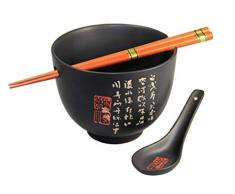 yoaxia ® - [ ZEIT SCHWARZ ] Soba Bowl/Suppen-/Nudel-/Reisschale + Löffel + 1 Paar Essstäbchen
