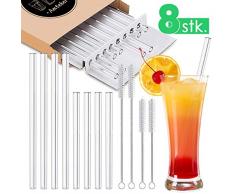 Amteker Glas Strohhalme, 8er Set Wiederverwendbar Glas Trinkhalme mit 4 Reinigungsbürsten, Nachhaltige, Ideal Für Smoothie, Milchshake, Cocktail (4 Lange Geraden Strohhalm & 4 Kurz Geraden Strohhalm)