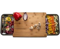 naturlik Schneidebrett aus hochwertigem Bambus | 2 ausziehbare Auffangschalen aus Edelstahl | Praktische Küchenhilfe: Reste nach Links - geschnittenes nach rechts | Schneidebrett Holz