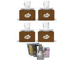 Fiftyeight Espressotassen / Mugs 4er Set + SERVIETTEN, 80 ml, VERSCHMITZT & VERGNÜGT & VERDUTZT & LECKER