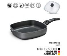 Aluguss Pfanne 28x28 cm Induktion viereckig Hoher Rand I Schmorpfanne Innenhöhe 6 cm I Viereckpfanne beschichtet I Eckpfanne Antihaft Rechteckpfanne Glasdeckel