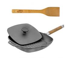 24cm Grillpfanne aus Gusseisen mit abnehmbaren Holzgriff Deckel-Presse + Pfannenwender aus Bambus von 4big.fun * Steakpfanne Bratpfanne Pfanne Pressdeckel; Alle Herdarten inkl. Induktion * 185mm Boden