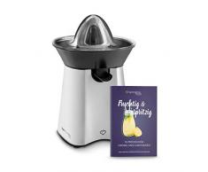 Edelstahl Zitronenpresse elektrisch 100W, Saftpresse mit 2 Presskegeln, verschließbarem Saftauslauf, Rezeptheft, Paula - silber