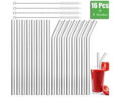 MELLIEX 16 Stück Glas Strohhalm Wiederverwendbar Strohhalme (21.5cm, 8 Gerade 8 Gebogen) mit 4 Glas Trinkhalme Reinigungsbürsten - Umweltfreundlich, ökologisch