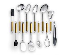 Kyraton Edelstahl Kochutensilien-Sets 12-teilig, Goldgriff Küchenutensilien-Set Küchenwerkzeug-Set Inklusive Kochlöffel, Skimmer, Kartoffelstampfer, Spatel ect. (12 Stück)
