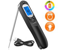 Cocoda Grillthermometer Digital Fleischthermometer mit Küchentimer & Taschenlampe, Wiederaufladbares Bratenthermometer für Küche Grillen Ofen (Sofortige Lesungen, LCD Display, USB Kabel Inklusiv)