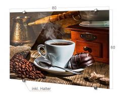Spritzschutz Glasbild für die Küche Kaffeetasse Bohnen Kaffeemühle Mühle alt (80x60cm)