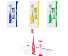 Set mit 20 Kinderzahnbürsten mit Sanduhr und Kulturbeutel. Geschenke für Kindergeburtstage, Schulen, Kindergeburtstage.