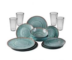 Melamin Geschirrset für 4 Personen Ton Optik grün + 4 Gläser 450 ml - 16 teilig - Campinggeschirr - Trinkglas - Kristall Wasserglas - stabil - Kratzfest - bruchsicher - leicht abwaschbar - 16 Teile