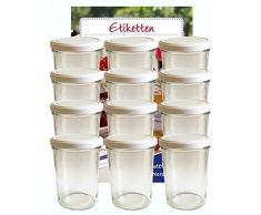 12er Set Sturzgläser 435 ml incl. Deckel Deckelfarbe Weiß To 82 ( 12 Etiketten NZ ) zum Beschriften Haushaltsetiketten Marmeladenglas Einmachglas Sweet Family