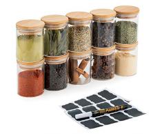 Deco haus Luftdichte Vorratsgläser mit Bambus-Deckel - 10er Set - Teedosen, Gewürzgläser, Keksdosen, Vorratsbehälter, Gläser - 16 Klebeetiketten & Kreidestift - Ø 6,5 cm, Höhe 8,5 cm, 150 ml