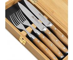 Steakchamp Premium Steakbesteck „4 Musketeer“, Deutscher Carbonstahl (rostfrei), 2 Steakmesser und 2 Steakgabeln in schöner Geschenkbox, Holz, 20cm