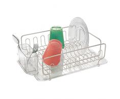 mDesign Geschirrabtropfer aus Kunststoff und Edelstahl – Abtropfablage für die Spüle – tolles Abtropfgestell mit Abtropfschale – bis zu zwölf Teller plus Besteck – durchsichtig/mattsilberfarben