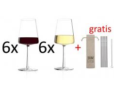 Stölzle Lausitz Power 12er Set - 6 x Weißweinkelch + 6 x Rotweinkelch - spülmaschinenfest, bleifreies Kristallglas, hochwertige Qualität, elegant + Gratis 4er Set EKM Living Edelstahl Trinkhalme