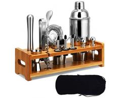 COSTWAY 23-teiliges Cocktail Set, Barkeeper Set mit Bambusständer, Cocktail Mixer, Cocktail Shaker inkl. Samt-Tragetasche, ideal für Anfänger oder erfahrene Barkeeper