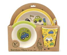 ORNAMI 5-teiliges Bambus-Geschirrset für Kinder, Autos Design - Kinder-Geschirrset mit Teller, Kleinkindbesteck, Bambusfaser Schale und Kinderbecher - umweltfreundlich, BPA-frei und spülmaschinenfest