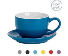 Argon Tableware 2 Stück Farbige Cappuccino Tasse und Untertasse Set - Modern Style Porzellan-Tee-und Kaffeetasse - Blau - 250ml