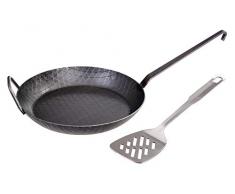 GRÄWE Schmiedeeiserne Bratpfanne Ø 32 cm, hoher Rand, Hakenstiel, Gegengriff, inkl. Pfannenwender