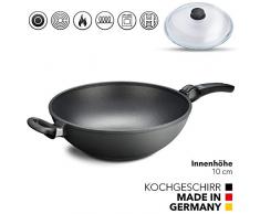 Wokpfanne groß mit Deckel für Induktion 32 cm I Made in Germany I Backofengeeignet bis 240 Grad I Wok Pfanne I 100% Verzugsfreier Boden I Induktionsherd I Abnehmbarer Griff