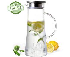 MUHOO Glas Krug 1,5L Glaskaraffe mit Deckel Glas Karaffe Wasserkrug aus Borosilikatglas Wasserkaraffe Wasserkrug Glaskaraffe Getränkekaraffe (1500ml)