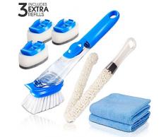 Masthome 3-in-1 Reinigungsbürste Set - Spülbürste mit Spülmittelspender & Schwamm Bürste Küche & Flaschenbürste Lang - mit PP Griff + 3 Schwammkopf + 2 Mikrofaserntücher - Perfekt Küchenbürste Set