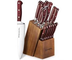 Emojoy Messerblock, 15-TLG Messerset mit Holzgriff, Kochmesser Set aus rostfreiem Edelstahl, Küchenmesser Profi Messer mit Wetzstahl, braun
