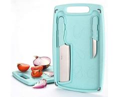 Wanbasion 3 Stück Küchen Schneidebrett Set Kunststoff Groß, Schneidebrett Set Spülmaschinenfest Antibakteriell Mit Saftrille, Küchenbrett rutschfest Mit Scharf Messer Set Minzgrün