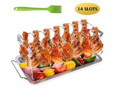 Hähnchenschenkel Halter für Backofen & Grill, Hähnchenbräter aus Edelstahl, Hähnchenhalter für 14 Keulen, Hähnchenkeulenhalter mit Auffangschale, Hähnchen Grill Ständer & BBQ Rack with BBQ-Pinsel