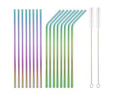 HOMQUEN 18-teilige Bunte Edelstahl-Strohhalme, Wiederverwendbare 8,5-Zoll-Trinkhalme mit Regenbogen, mit Tragetasche (8 gerade / 8 Gebogene / 2 Bürsten)