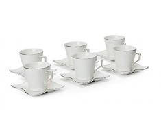 12-teiliges Espresso-Set, Crinkle Skin Muster mit silberfarbenem Rand, 85 ml Tassen aus feinem Porzellan mit quadratischen Untertassen 10,2 cm