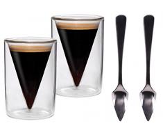 2x 70ml Spitzgläser + 2 Stück Spitzlöffel / 2er-Set 70ml doppelwandige Espresso- und Schnapsgläser im Spitzglasdesign mit Schwebe-Effekt + 2x Pressochini Spitzlöffel, ideal für Espresso, Schnaps, Likör und Grappa, Spikey von Feelino