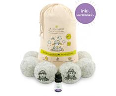 Heldengrün® XXL Trocknerbälle Set [6 Stück - inkl. LAVENDELÖL] - Natürlicher Weichspüler - Nachhaltig: 100% neuseeländische Schafwolle - Zero Waste Trocknerkugeln für Wäschetrockner ideal für Daunen